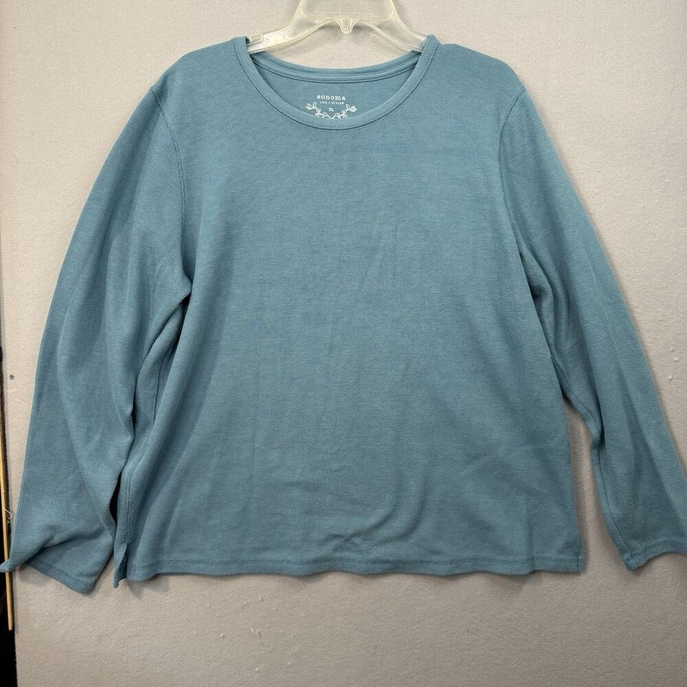 Sonoma Goods For Life Women XL Blue Ribbed Top Long Sleeve Crew Neck Shirt Basic